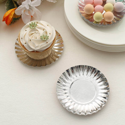 50-Pack Paper Round Party Plates 3.5" Metallic Silver Scalloped Rim - 250GSM Disposable Mini Dessert Plates