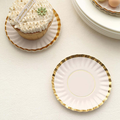 50-Pack Paper Round Party Plates 3.5" White with Gold Scalloped Rim - 250GSM Disposable Mini Dessert Plates for Tapas, Appetizers & Finger Foods