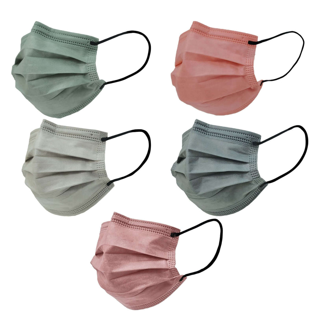 Assorted colorful disposable face masks in various shades