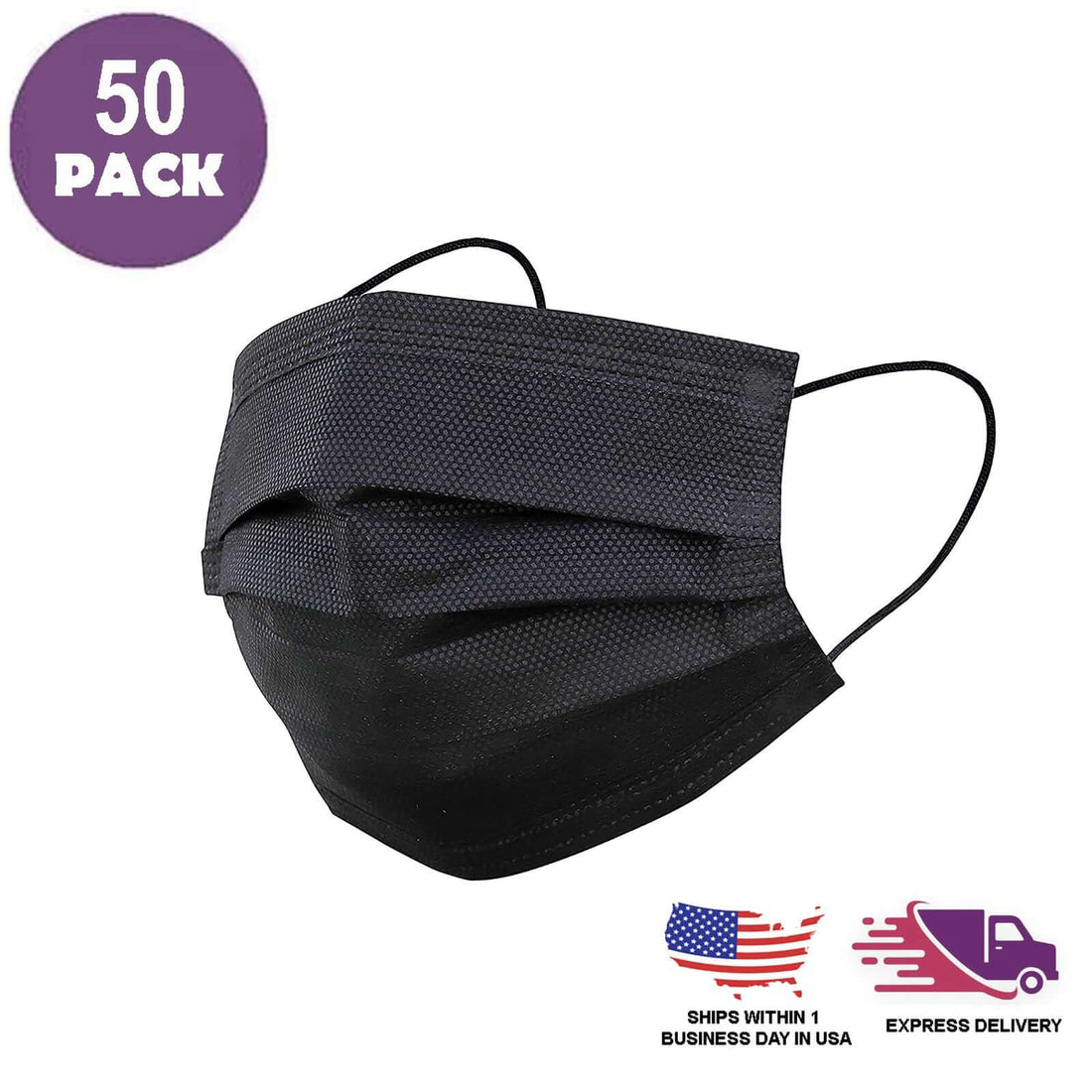 Black disposable face masks, 50 pack, studio shot on white background.