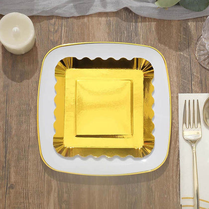 50-Pack Paper Square Dessert Plates 5" Gold Foil with Scalloped Rim - Disposable Appetizer Plates for Luxurious Parties & Celebrations