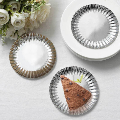 50-Pack Paper Round Dessert Plates 5" Metallic Silver with Scalloped Rim - 250GSM Disposable Appetizer Party Plates