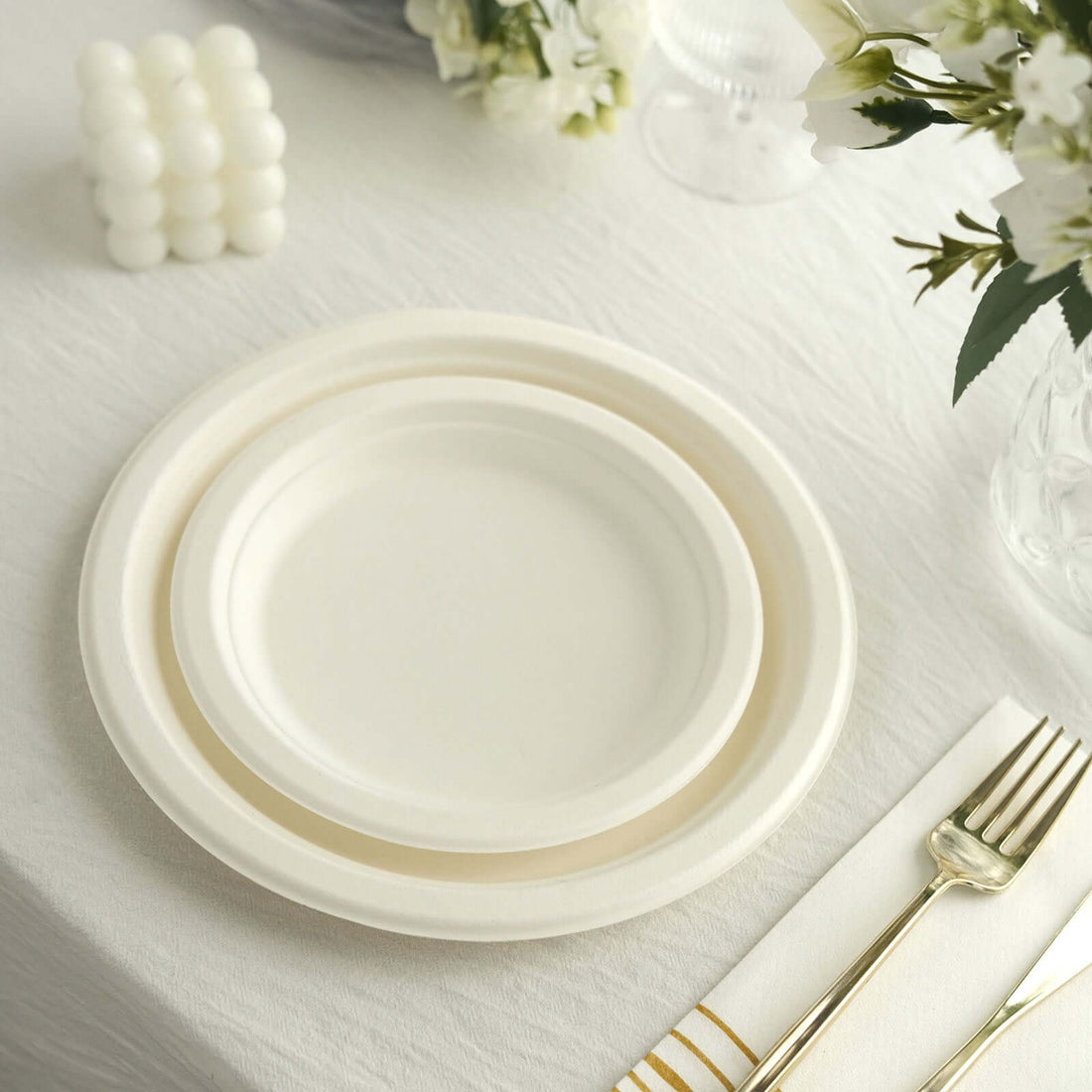 Eco-friendly biodegradable plates stacked on a table setting.