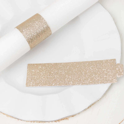 50-Pack Paper Napkin Rings 1.5" Beige Glitter - Disposable Napkin Holders for Parties