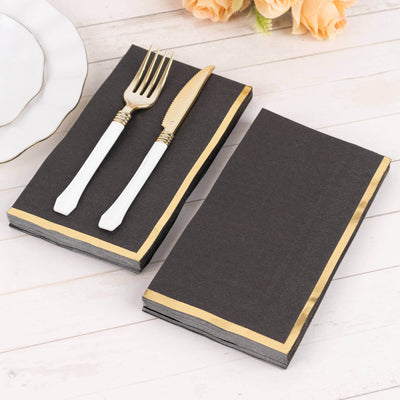 50-Pack Paper Dinner Napkins 2 Ply Black with Gold Foil Edge - Soft Disposable Napkins for Events