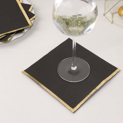 50-Pack Paper Beverage Napkins 2 Ply Black with Gold Foil Edge 6.5"x6.5" - Soft Disposable Cocktail Napkins