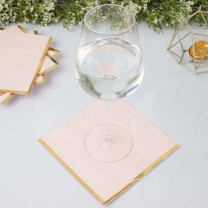 50-Pack Paper Beverage Napkins 2 Ply Blush with Gold Foil Edge 6.5"x6.5" - Soft Disposable Cocktail Napkins