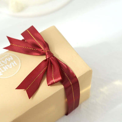 50 Pack Burgundy Pre Tied Satin Ribbon Bows With Gold Foil Lining For Gift Basket and Party Favors Decor 10"
