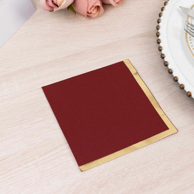 50-Pack Paper Beverage Napkins 2 Ply Burgundy with Gold Foil Edge 5"x5" - Soft Disposable Cocktail Napkins 18GSM