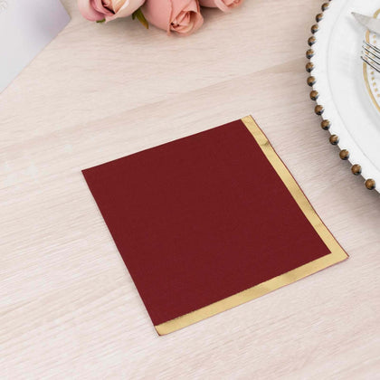 50-Pack Paper Beverage Napkins 2 Ply Burgundy with Gold Foil Edge 5"x5" - Soft Disposable Cocktail Napkins 18GSM