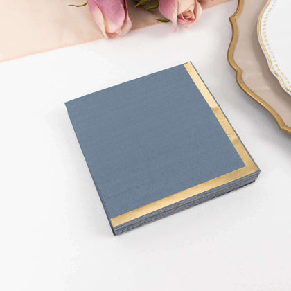 50-Pack Paper Beverage Napkins 2 Ply Dusty Blue with Gold Foil Edge 5"x5" - Soft Disposable Cocktail Napkins 18GSM
