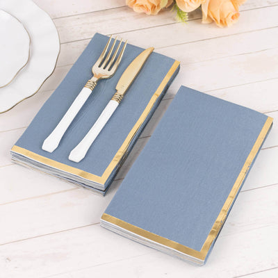 50-Pack Paper Dinner Napkins 2 Ply Dusty Blue with Gold Foil Edge - Soft Disposable Napkins