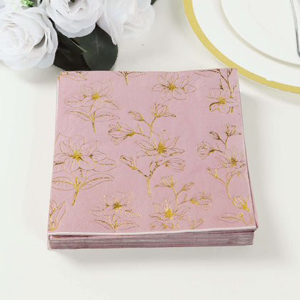 50-Pack Paper Cocktail Napkins 2 Ply Dusty Rose with Gold Magnolia Flowers Print - Soft and Highly Absorbent Beverage Napkins