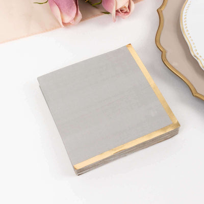 50-Pack Paper Beverage Napkins 2 Ply Gray with Gold Foil Edge 5"x5" - Soft Disposable Cocktail Napkins 18GSM