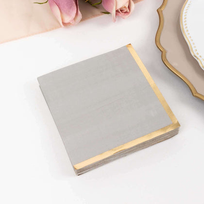 50-Pack Paper Beverage Napkins 2 Ply Gray with Gold Foil Edge 5"x5" - Soft Disposable Cocktail Napkins 18GSM
