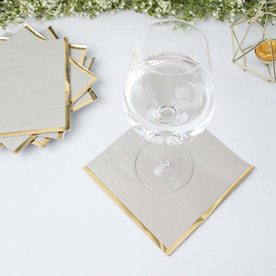 50-Pack Paper Beverage Napkins 2 Ply Gray with Gold Foil Edge 6.5"x6.5" - Soft Disposable Cocktail Napkins