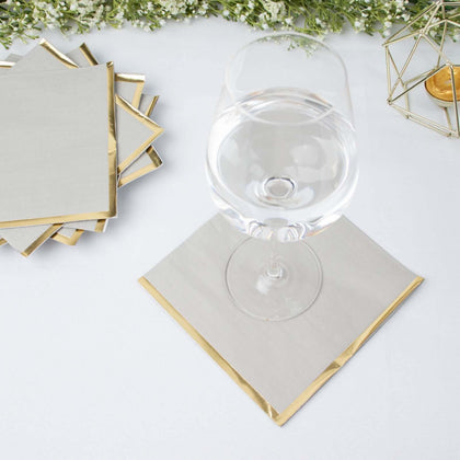 50-Pack Paper Beverage Napkins 2 Ply Gray with Gold Foil Edge 6.5"x6.5" - Soft Disposable Cocktail Napkins