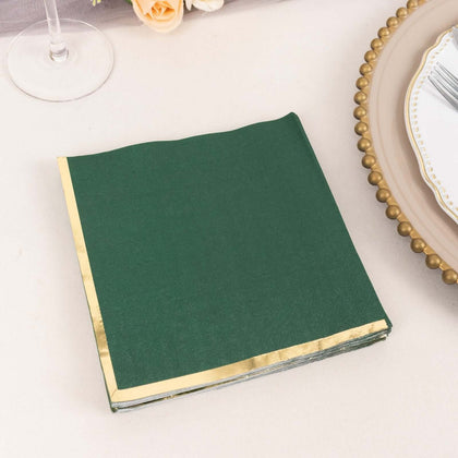 50-Pack Paper Beverage Napkins 2 Ply Hunter Emerald Green with Gold Foil Edge 6.5"x6.5" - Soft Disposable Cocktail Napkins