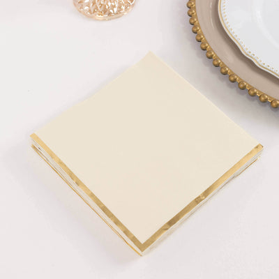 50-Pack Paper Beverage Napkins 2 Ply Ivory with Gold Foil Edge 6.5"x6.5" - Soft Disposable Cocktail Napkins