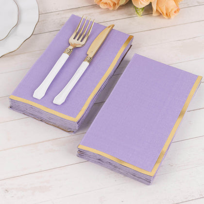 50-Pack Paper Dinner Napkins 2 Ply Lavender with Gold Foil Edge - Soft Disposable Napkins