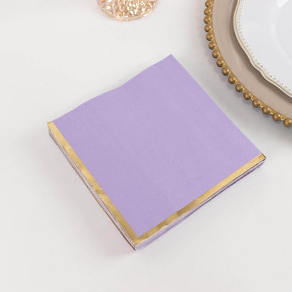 50-Pack Paper Beverage Napkins 2 Ply Lavender with Gold Foil Edge 6.5"x6.5" - Soft Disposable Cocktail Napkins