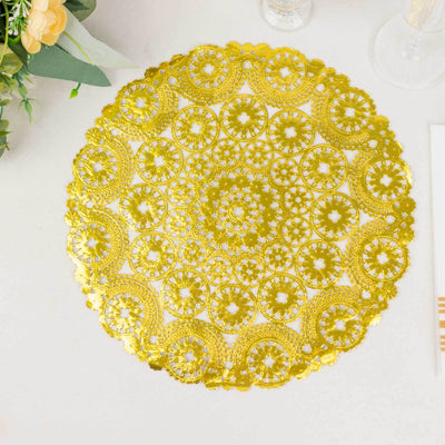 50-Pack Paper Round Placemats 12" Metallic Gold with Medallion Style - 50GSM Disposable Lace Doilies for Desserts, Crafts & Table Decor