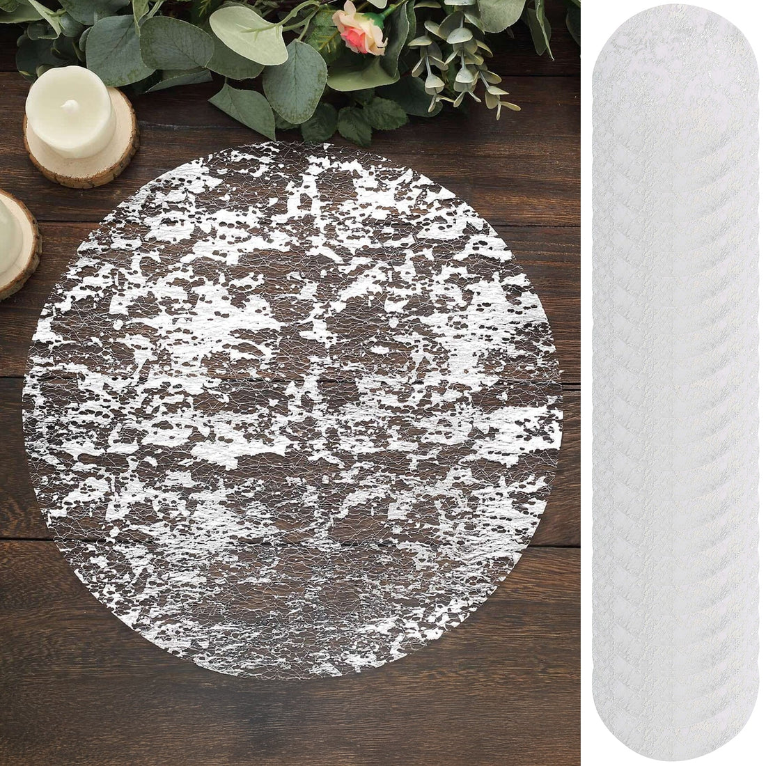 Round textured rug with a distressed white and brown pattern.