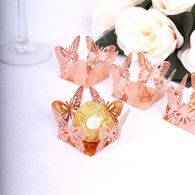 50-Pack Mini Paper Truffle Cup Liners 4" Square Design Metallic Rose Gold Butterfly - 225GSM Cupcake Tray Wrappers