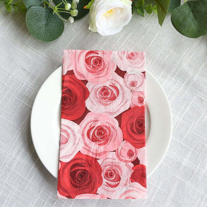 50-Pack Paper Dinner Napkins 2 Ply Red/Pink with Floral Rose Print - Soft Disposable Garden Style Napkins