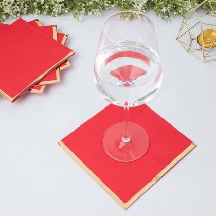 50-Pack Paper Beverage Napkins 2 Ply Red with Gold Foil Edge 6.5"x6.5" - Soft Disposable Cocktail Napkins