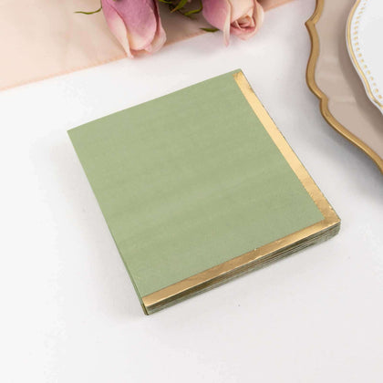 50-Pack Paper Beverage Napkins 2 Ply Sage Green with Gold Foil Edge 5"x5" - Soft Disposable Cocktail Napkins 18GSM