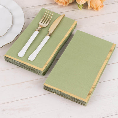 50-Pack Paper Dinner Napkins 2 Ply Sage Green with Gold Foil Edge - Soft Disposable Napkins