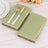 Green napkins with gold trim, fork, and knife on a wooden table.
