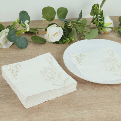 50-Pack Paper Cocktail Napkins 2 Ply White with Gold Lily Flowers Print - Soft and Highly Absorbent Beverage Napkins