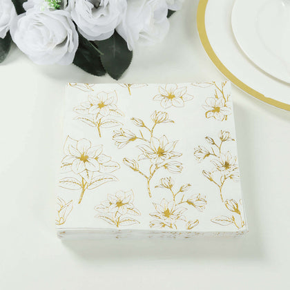 50-Pack Paper Cocktail Napkins 2 Ply White with Gold Magnolia Flowers Print - Soft and Highly Absorbent Beverage Napkins