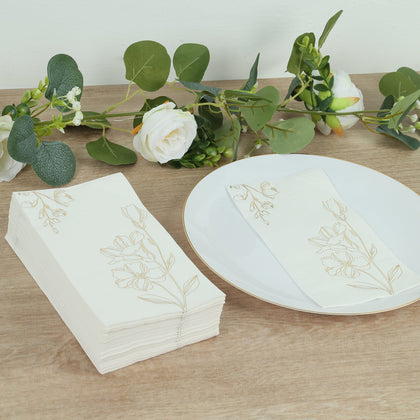 50 Pack White 2-Ply Paper Dinner Napkins with Gold Lilly Flowers Print, Highly Absorbent Soft Disposable Party Napkins