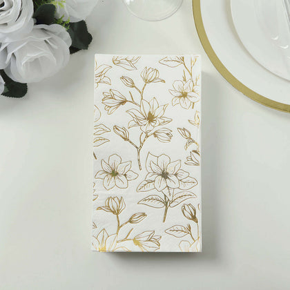 50-Pack Paper Dinner Napkins 2-Ply White with Gold Magnolia Flowers Print - Soft and Highly Absorbent Party Napkins