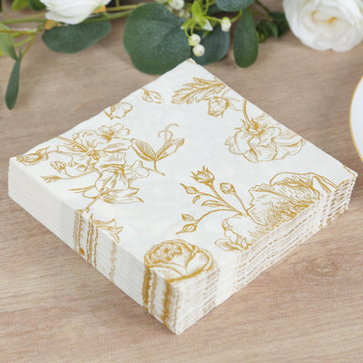 50-Pack Paper Cocktail Napkins 2 Ply White with Gold French Toile Floral Pattern - Soft and Highly Absorbent Beverage Napkins