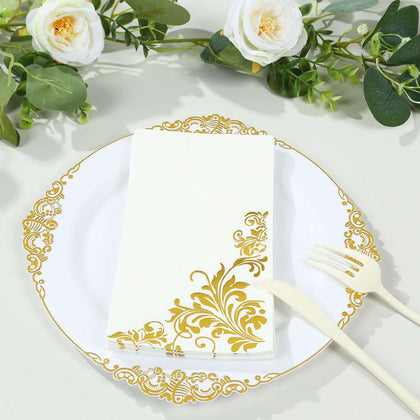 50-Pack Paper Napkins 8"x4" White with Gold Baroque Floral Print - Soft Disposable Party Napkins
