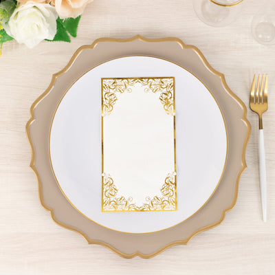 50-Pack Paper Dinner Napkins 8"x4" White with Gold Foil Lace Design - Soft 2 Ply European Style Napkins