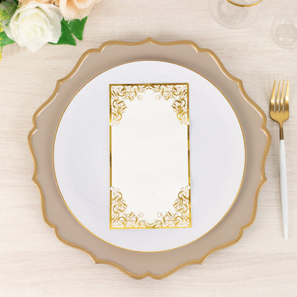 50-Pack Paper Dinner Napkins 8"x4" White with Gold Foil Lace Design - Soft 2 Ply European Style Napkins