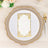 Elegant gold-accented place card on a decorative plate setting.