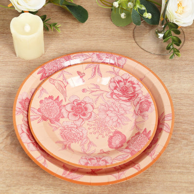50-Pack Paper Round Dessert and Dinner Plates 7", 9" Dusty Rose Spring Floral Print with Gold Rim - Heavy Duty Disposable Party Plates Set