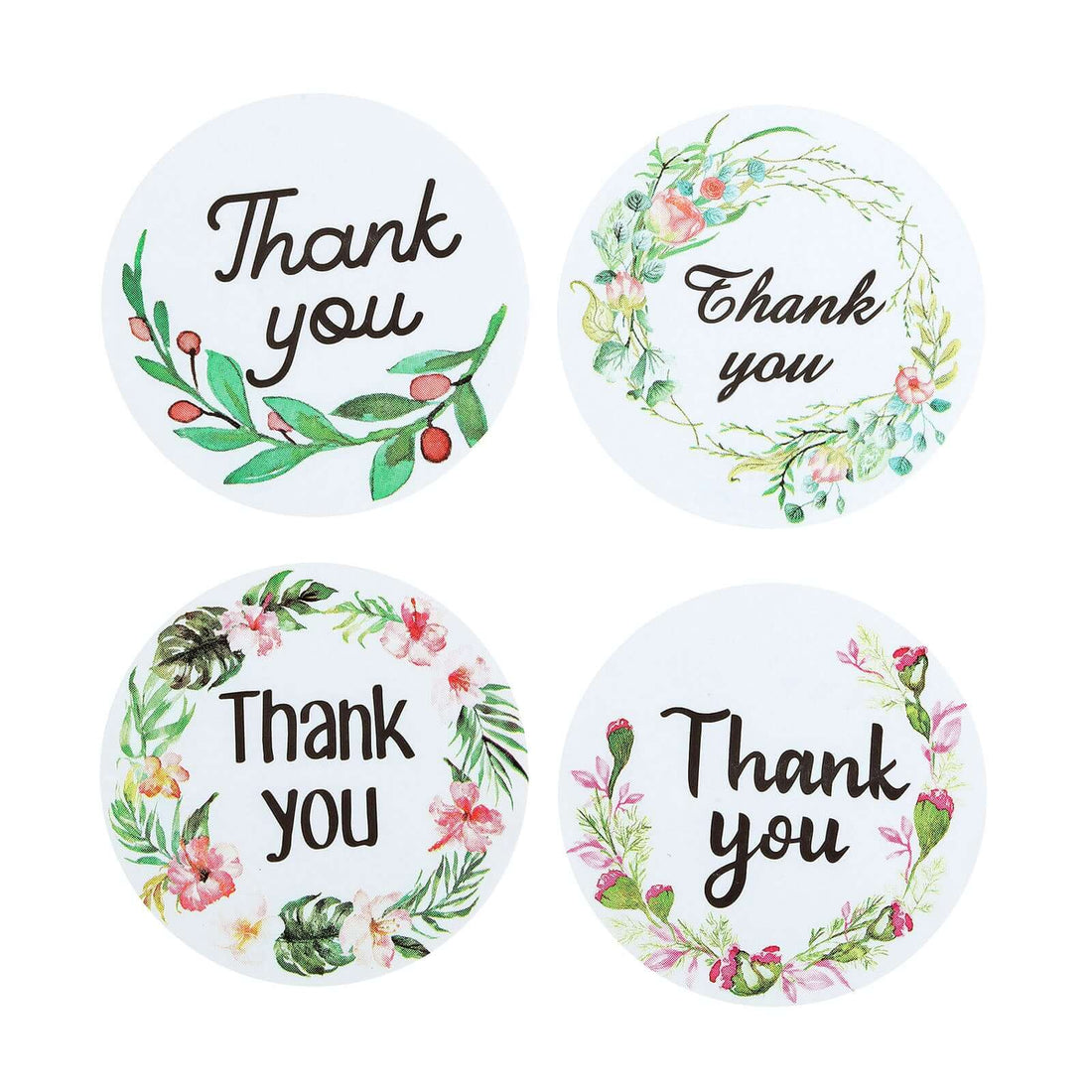 Floral thank you stickers in four designs on a white background