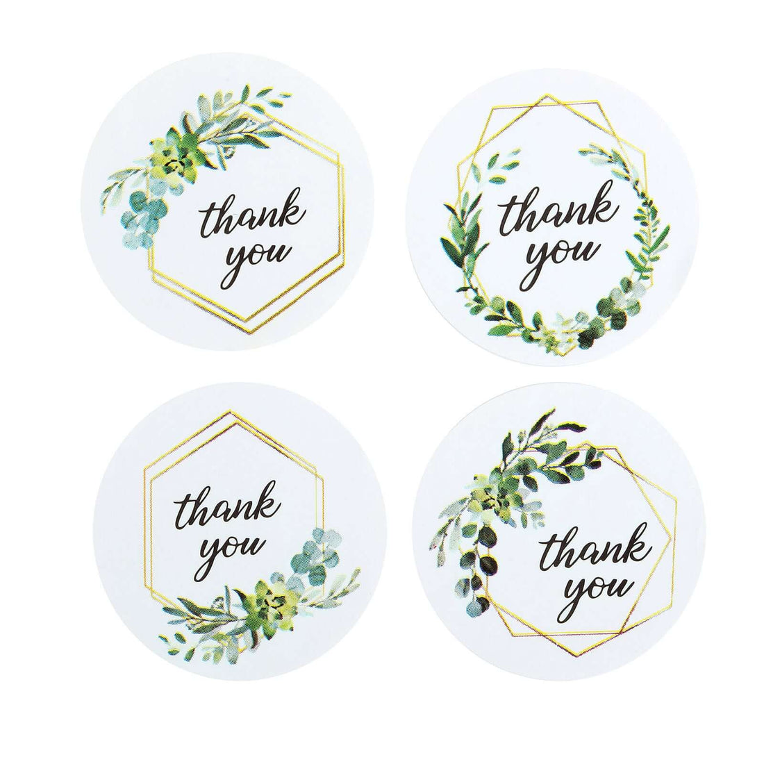 Set of four decorative "Thank You" stickers with botanical designs