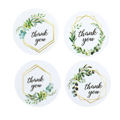 500pcs Thank You Gold and Green Leaf Frame Stickers Roll Décor, Labels and Seals For DIY Envelope - Round 1.5"