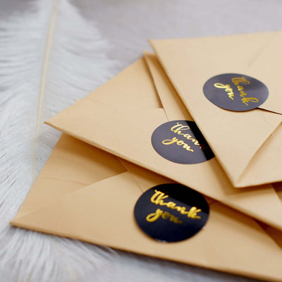 500pcs Thank You Gold Foil Text On Black Stickers Roll Décor Labels and Seals for DIY Envelope - Round 1.5"