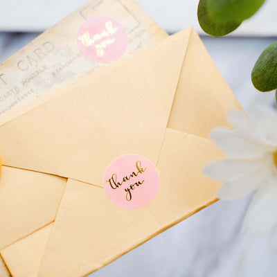 500pcs Thank You Gold Foil Text On Pink Stickers Roll Décor, Labels and Seals For DIY Envelope - Round 1"