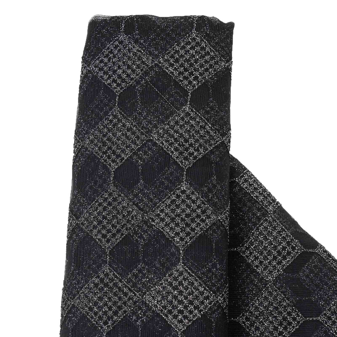 Textured black and gray fabric with geometric patterns.