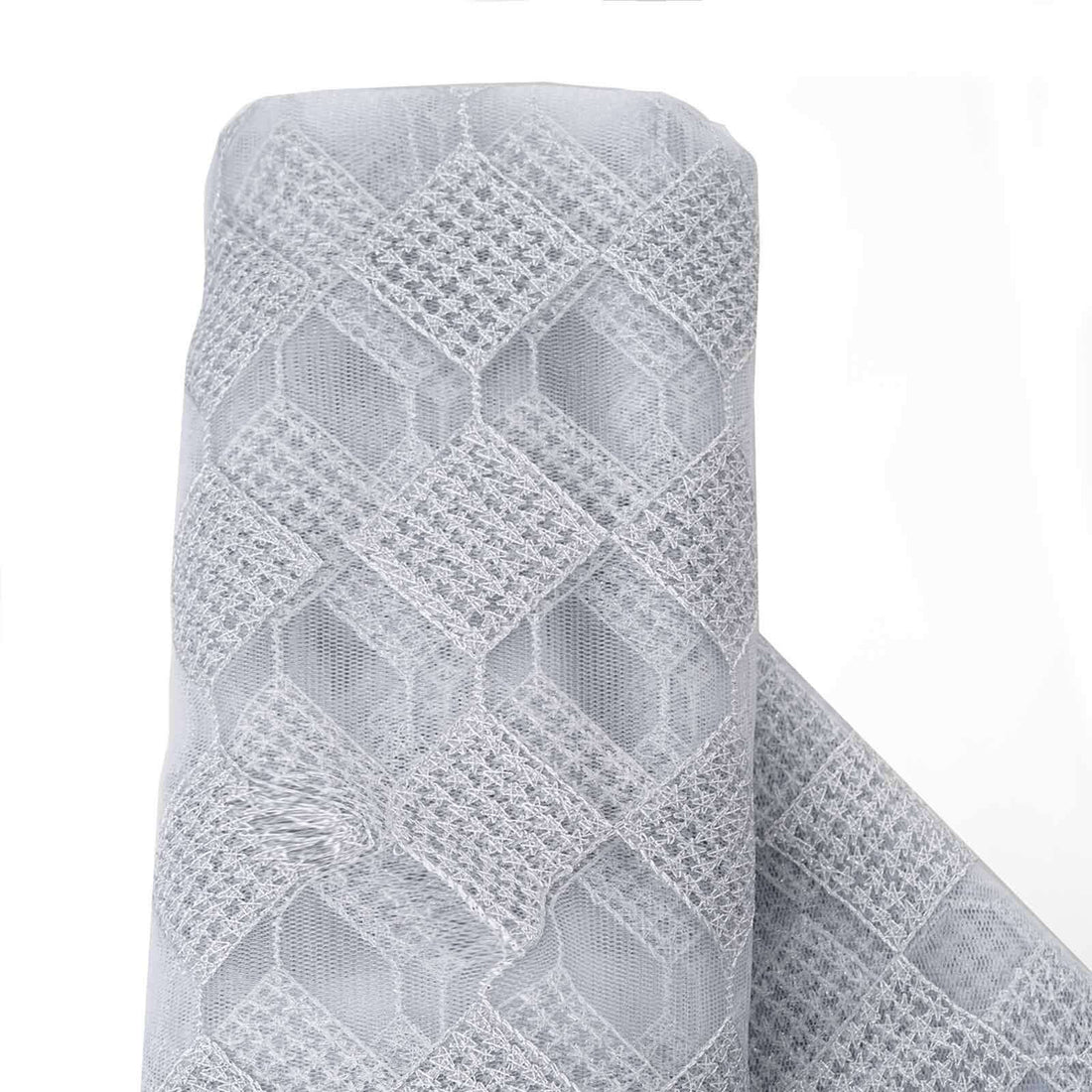 Gray lace fabric roll with a geometric pattern